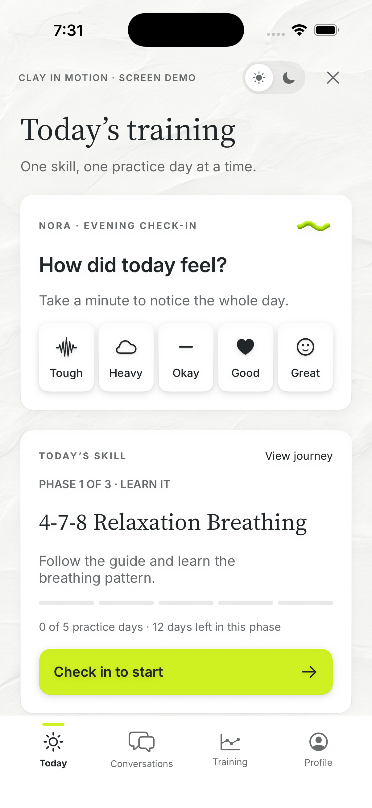 Actual AthleticMind app screen: evening check-in, five mood choices, and 4-7-8 relaxation breathing practice
