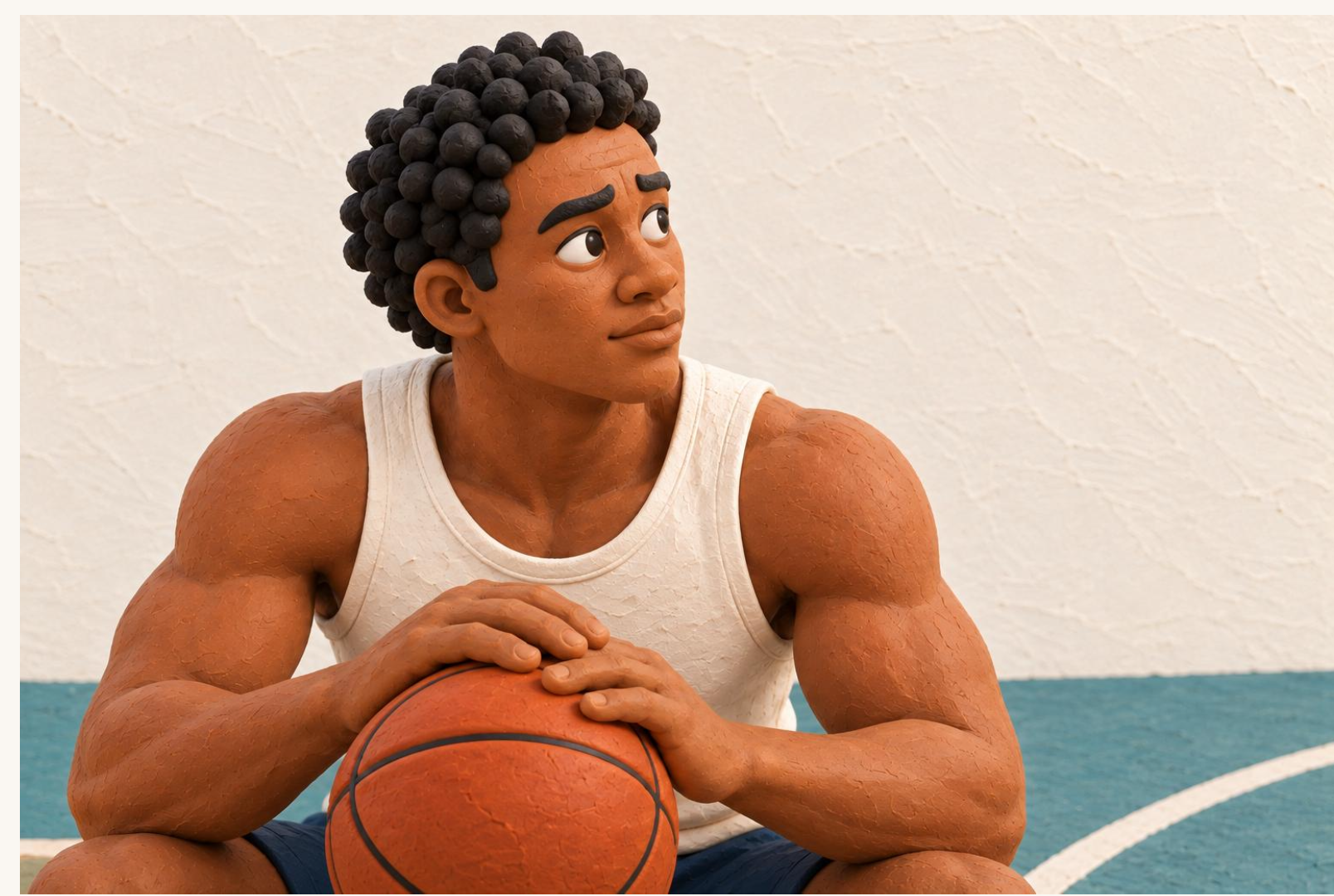Handcrafted clay athlete resting his hands on a basketball and looking thoughtfully to the side